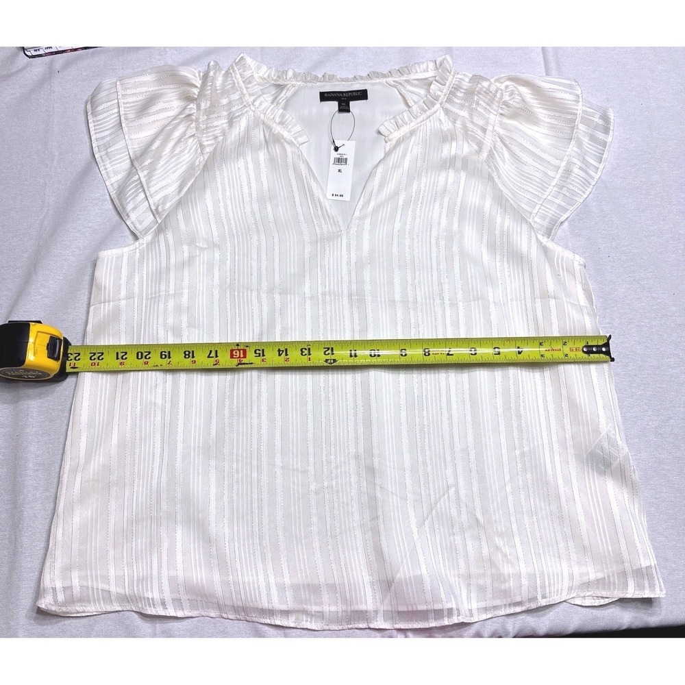 Banana Republic White Metallic Stripe Flutter Sleeve Ruffle Neck Blouse XL NWT